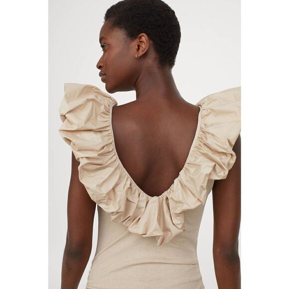 Flounce Trimmed Bodycon Fitted Dress Beige - Picture 4 of 5